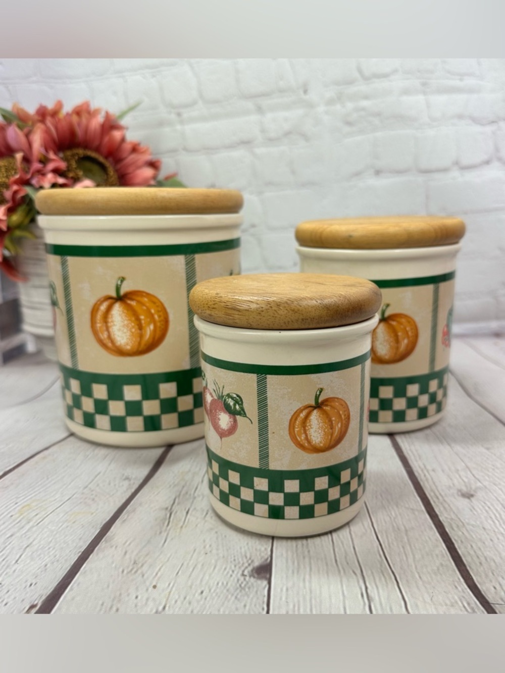vtg Himark vegetable medley Canister Set 3pc cottage country farmhouse 90s retro